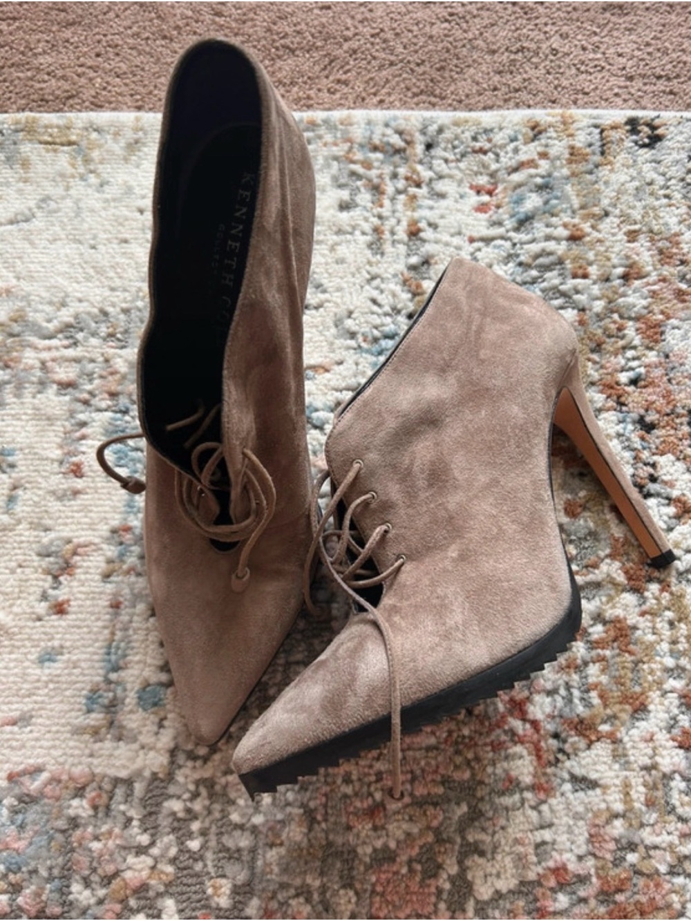Kenneth Cole Taupe Suede Lace-Up Pointed Toe High Heel Booties